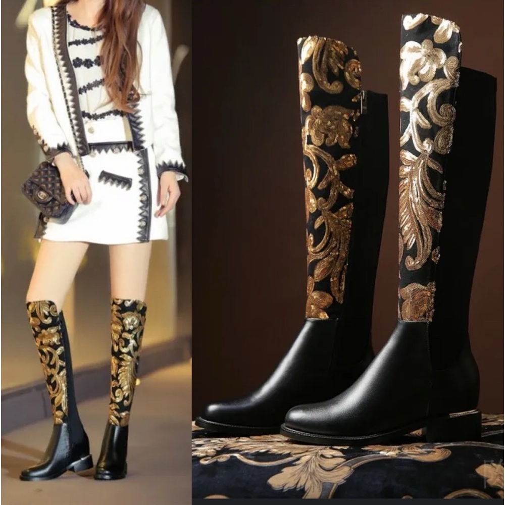 MOVING SALE EVERYTHING HAS TO GO!!!! Gold embroidery, knee-high, leather boots
